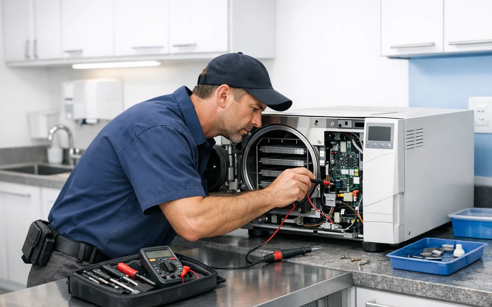 Technician servicing a tabletop autoclave